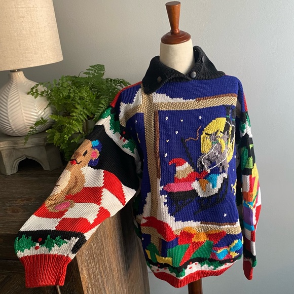 RARE Vtg 1980s Berek “Night Before Christmas” Sweater Hand Knit Pima Cotton L,New Products : American Fashion Style Bags On Sale